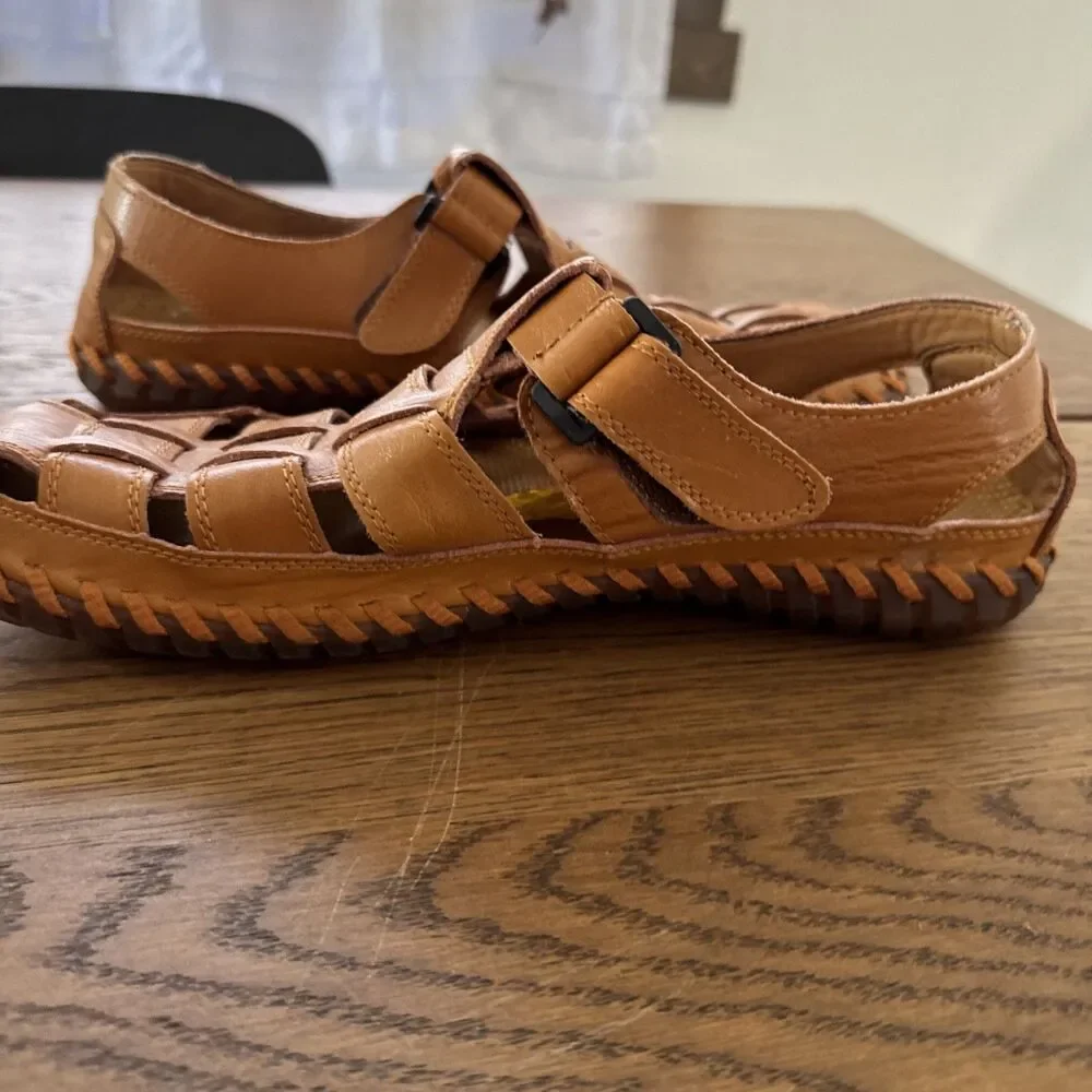 Men’s Tan Leather Closed Toe Fisherman Sandals Basket Weave Comfort Size 11 1/2